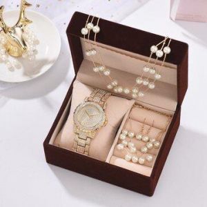  Women Watch Set Full Diamond Round Watch Pearl Bracelet Earrings Necklace 